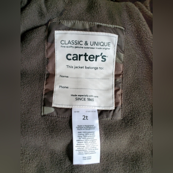 Carter's boys camoflauge puffer jacket with faux fur hood Size 2T - Picture 3 of 13